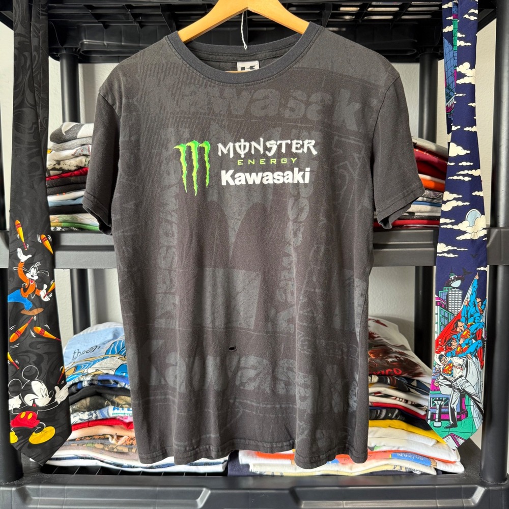 Y2K Black Monster Energy Kawasaki Racing Graphic Tee Medium Light Distressing